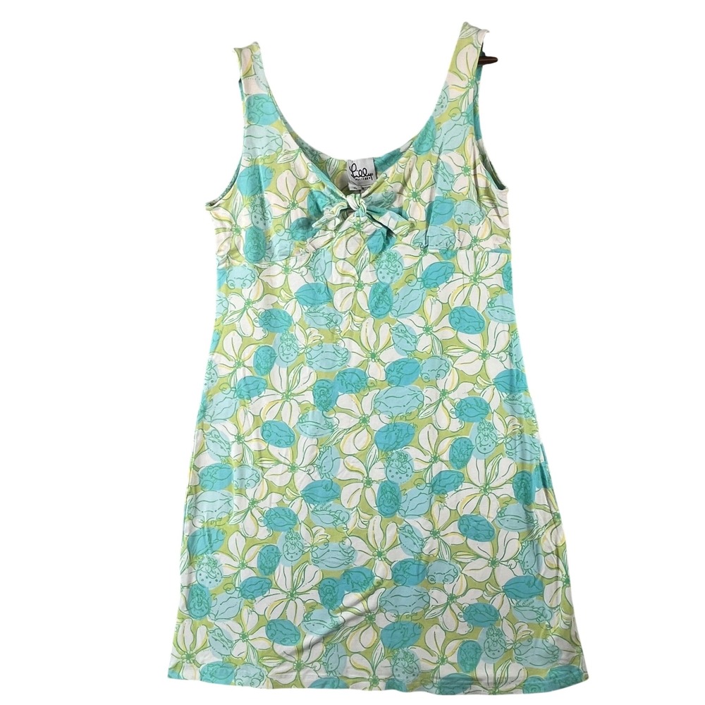 Lilly Pulitzer Dress XL Green Blue Floral Tie Front Sleeveless Stretch Shift